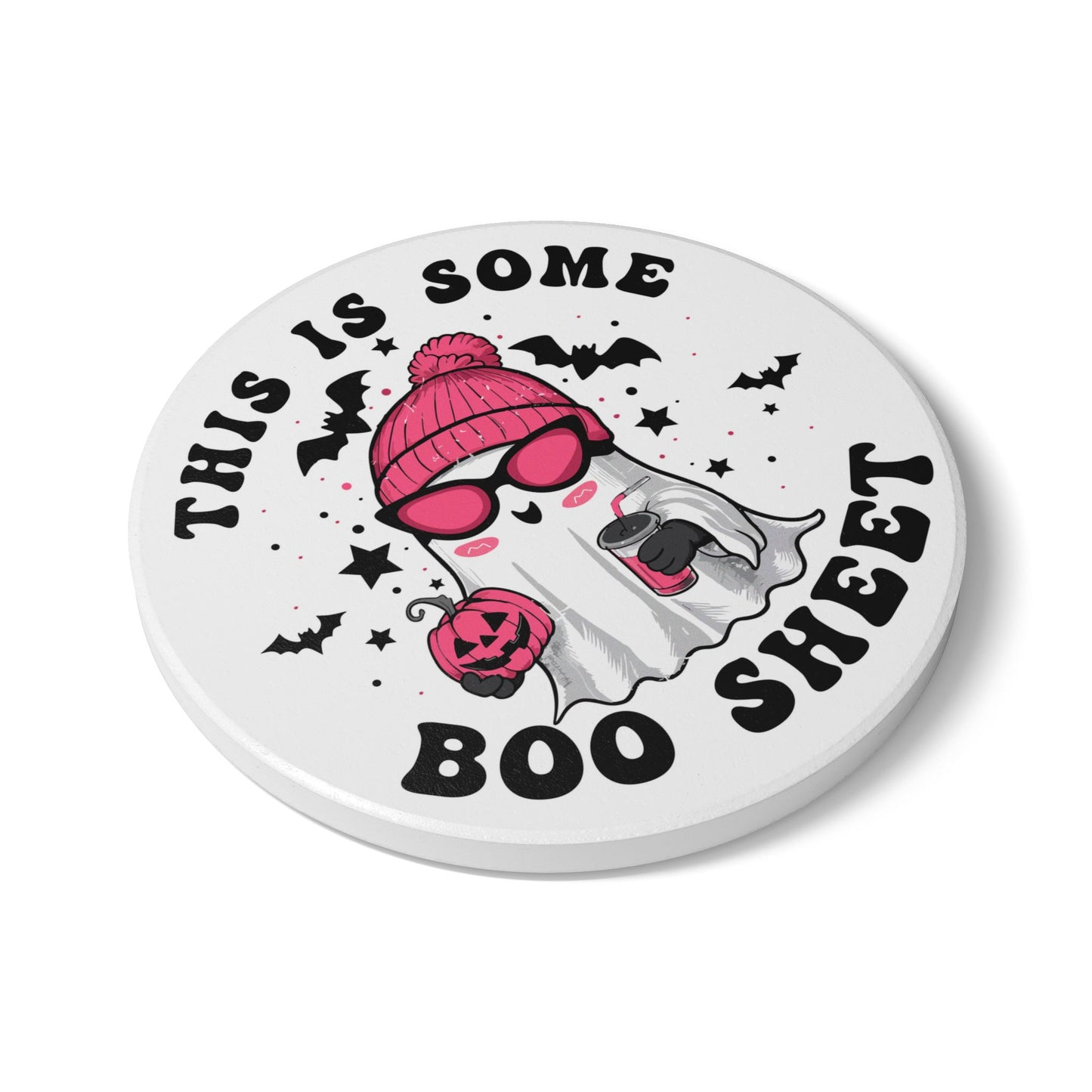 Funny Halloween Coaster – “This Is Some Boo Sheet” | Cute Pink Ghost Ceramic Coaster | Spooky Home Gift | Halloween Drink Décor
