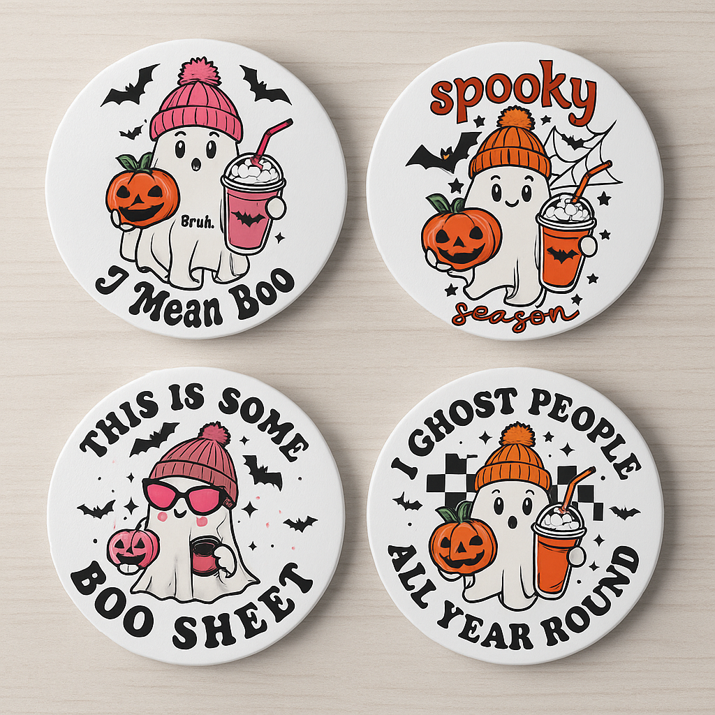 Halloween Ghost Coaster – “I Mean Boo” | Pink Cute Ceramic Coaster | Funny Halloween Gift | Spooky Fall Décor