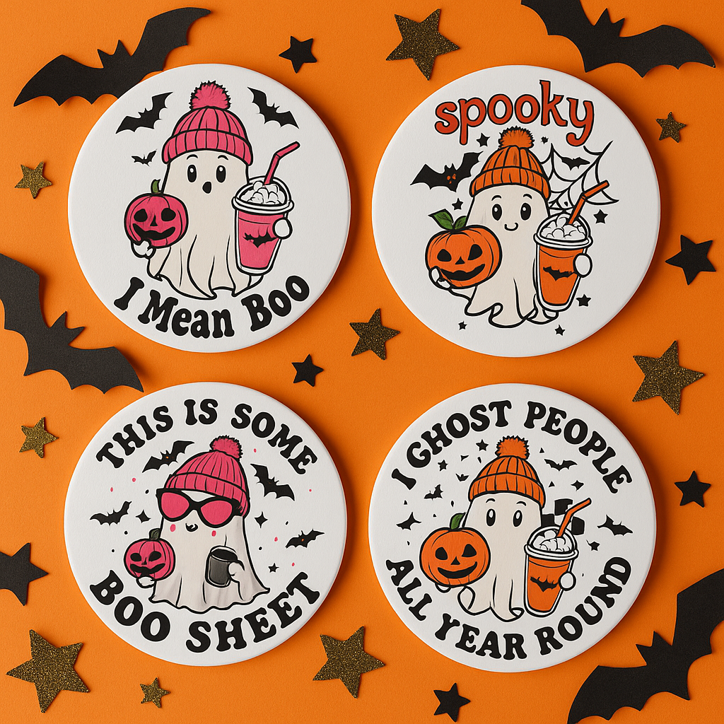 Halloween Ghost Coaster – “I Mean Boo” | Pink Cute Ceramic Coaster | Funny Halloween Gift | Spooky Fall Décor