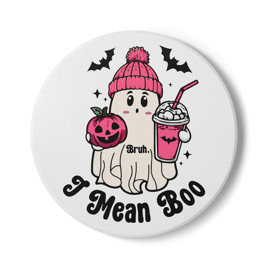 Halloween Ghost Coaster – “I Mean Boo” | Pink Cute Ceramic Coaster | Funny Halloween Gift | Spooky Fall Décor