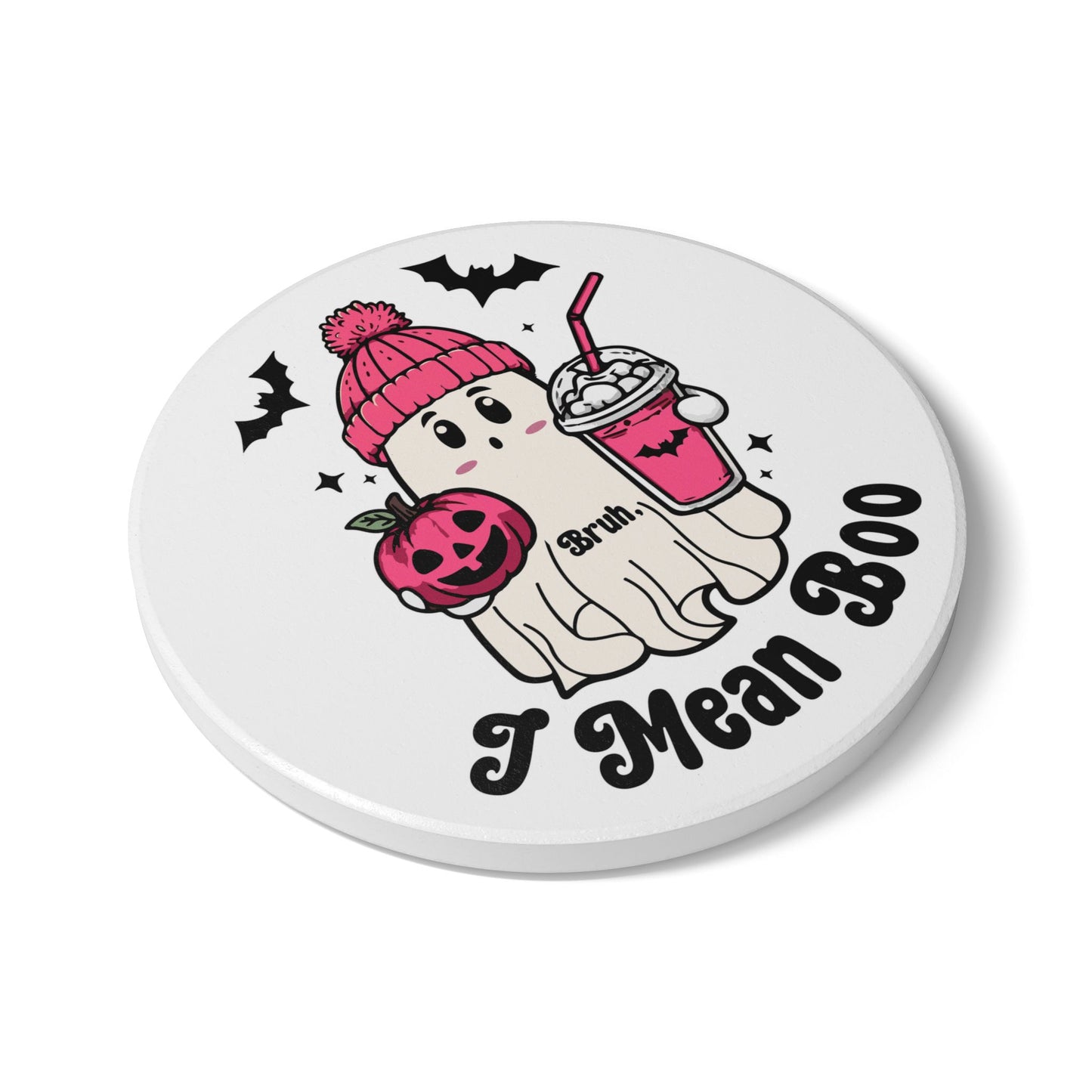 Halloween Ghost Coaster – “I Mean Boo” | Pink Cute Ceramic Coaster | Funny Halloween Gift | Spooky Fall Décor