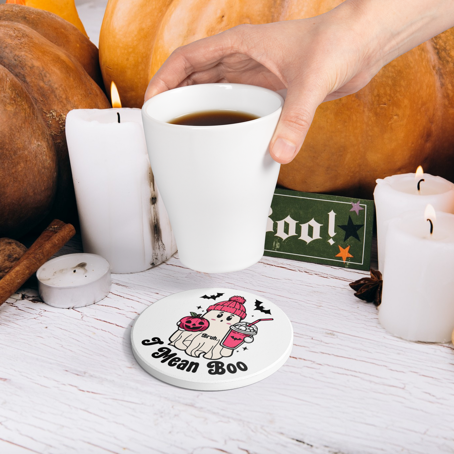 Halloween Ghost Coaster – “I Mean Boo” | Pink Cute Ceramic Coaster | Funny Halloween Gift | Spooky Fall Décor