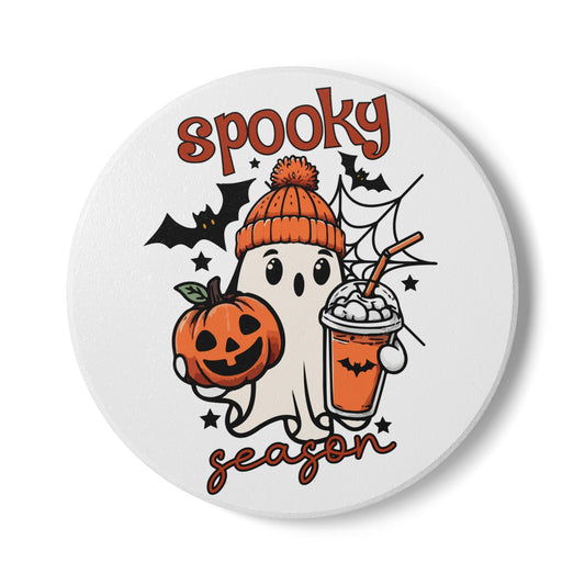 Halloween Coaster – “Spooky Season” Ghost | Pumpkin Ceramic Coaster | Fall Coffee Table Décor | Halloween Party Gift