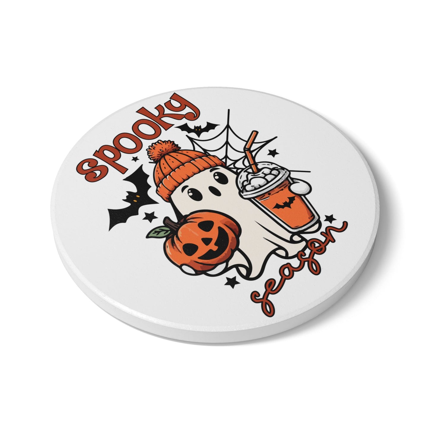 Halloween Coaster – “Spooky Season” Ghost | Pumpkin Ceramic Coaster | Fall Coffee Table Décor | Halloween Party Gift