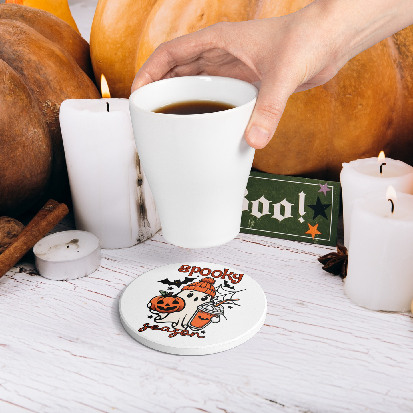 Halloween Coaster – “Spooky Season” Ghost | Pumpkin Ceramic Coaster | Fall Coffee Table Décor | Halloween Party Gift