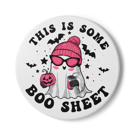 Funny Halloween Coaster – “This Is Some Boo Sheet” | Cute Pink Ghost Ceramic Coaster | Spooky Home Gift | Halloween Drink Décor