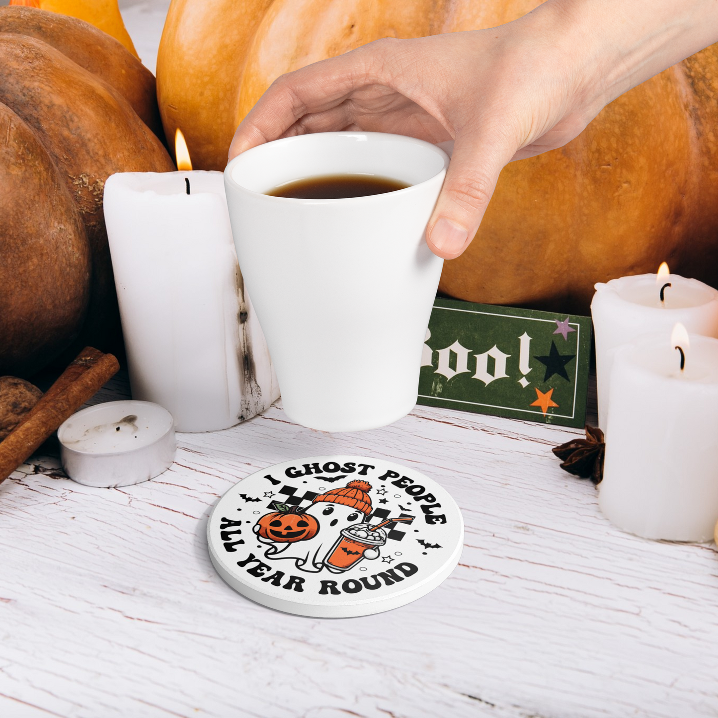 Halloween Ghost Coaster – “I Ghost People All Year Round” | Cute Spooky Ceramic Coaster | Gothic Fall Home Décor | Halloween Gift
